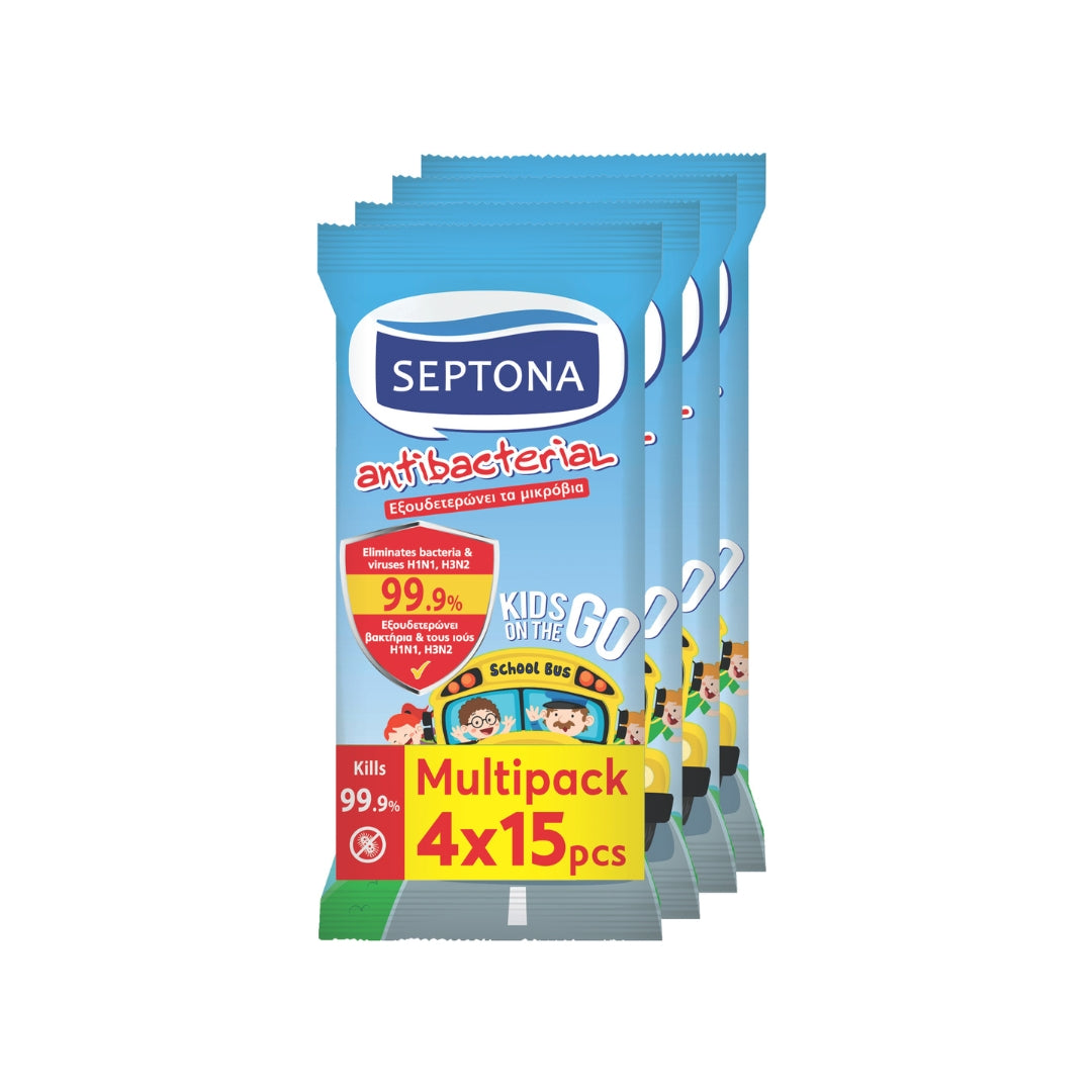 Septona Kids on the go Antibacterial Wipes 15 pcs X 4 multipack